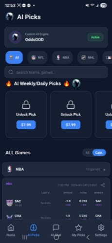 AI Sports Picks Mobile App Interface - Live Betting Analytics