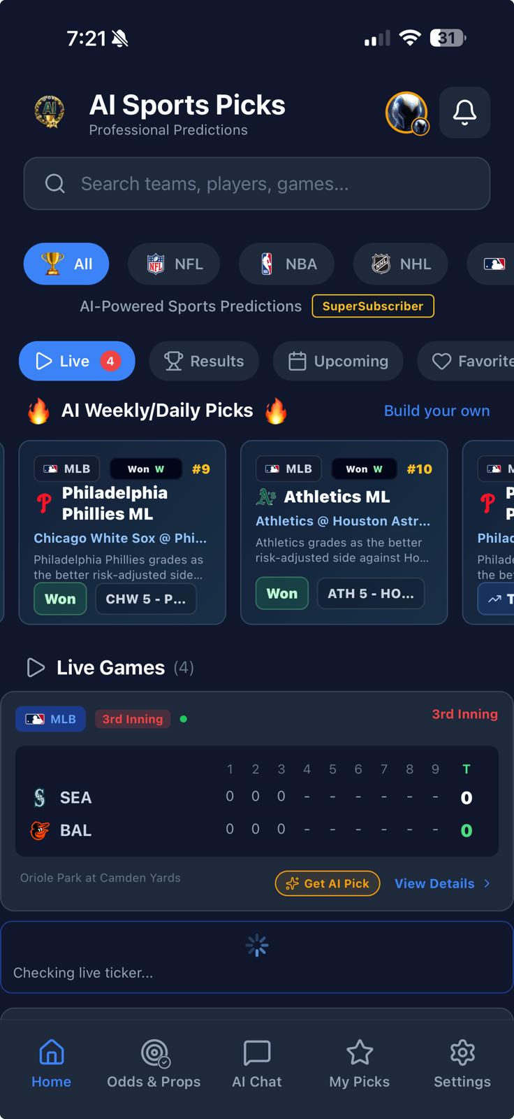 AI Sports Picks Mobile App Interface - Live Betting Analytics