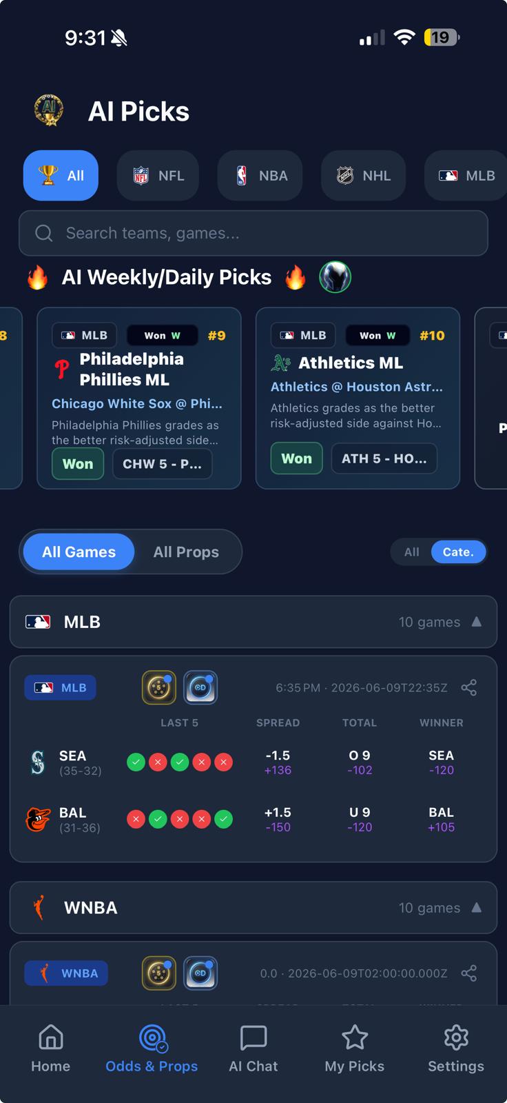 Odds and Props Home Screen